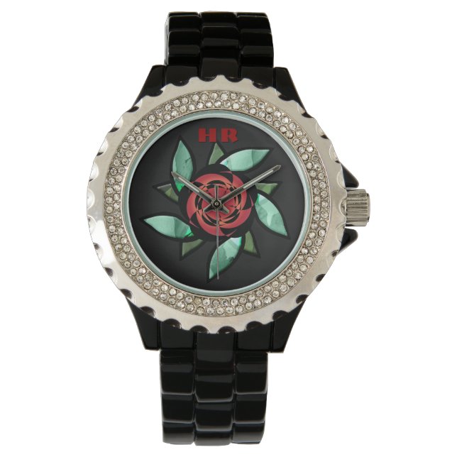 Montre Rose Abstrait - Rouge sur noir (Monogrammé) (devant)