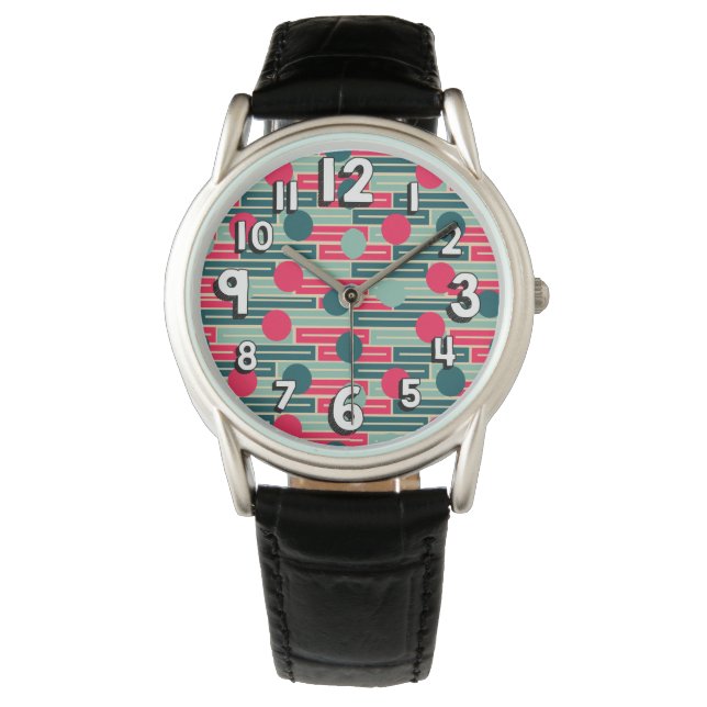 Montre Rose, Bleu clair, Rectangles Turquoises et cercles (devant)