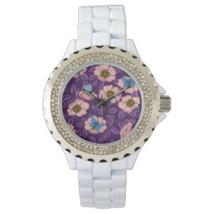 Montre Rose de chien et papillons en rose et violet