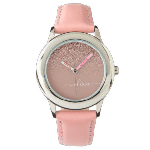 Montre Rose Gold Blush Pink Parties scintillant Script Mo