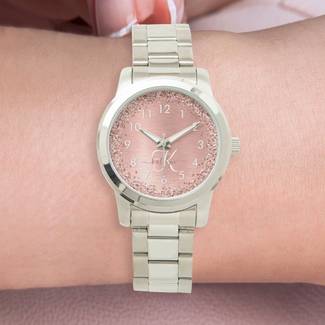 Montre Rose Gold brossé Parties scintillant métallique No (Add some sparkle to your wrist with this rose gold glitter watch personalized with your monogram.)