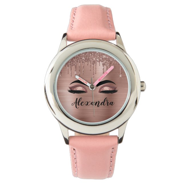 Montre Rose Gold Glitter Sparkle Eyelashes Monogram (devant)