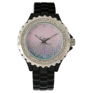 Montre Rose Gold Iridescent Glitter Imprimé Léopard Éléga