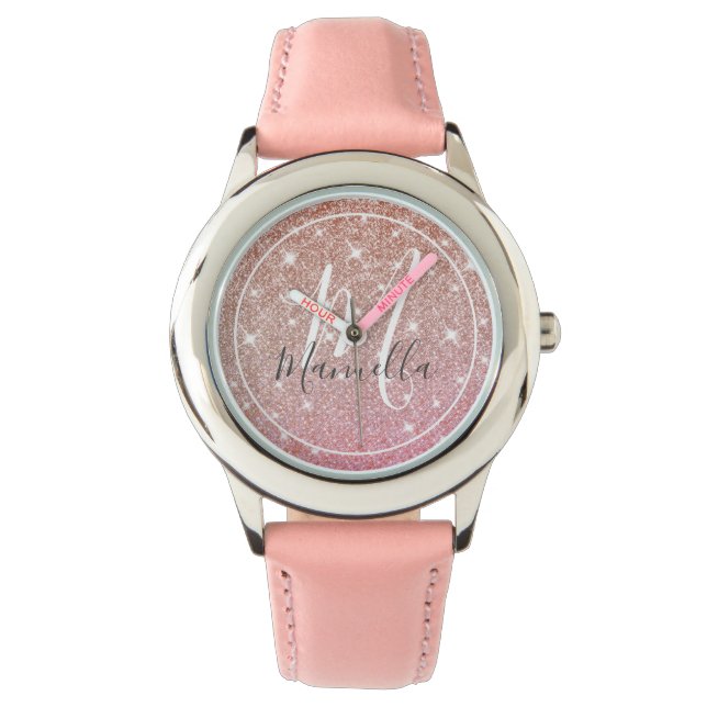 Montre Rose Parties scintillant or Monogramme fille rose  (devant)