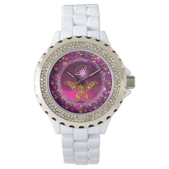 MONTRE ROSE PURPLE FLORAL DE LA COURONNE D'OR BOUTTERFLY, (devant)