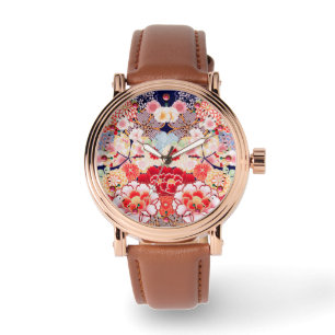Montre ROSE ROUGE BLANC FLEURS pivoines, Floral japonais 