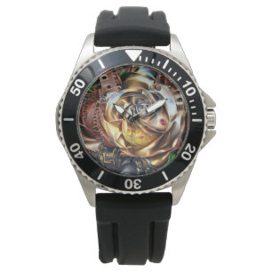 Montre Rose Steampunk avec visage surréaliste - Flor méca