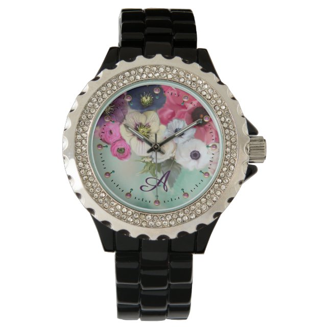 MONTRE ROSES BLANCHES ROSE FUCHSIA, FLEURS D'ANÉMONE MONO (devant)