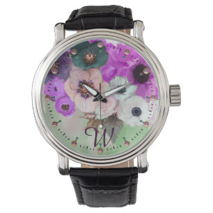 MONTRE ROSES VERTS BLANCS PURPLE, MONOGRAMME DES FLEURS D