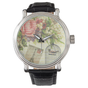 Montre Roses vintages et oiseaux en cage