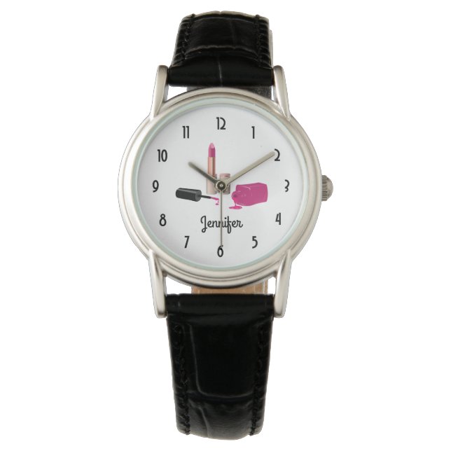 Montre Rouge à lèvres rose et ongle Polonais beauté thème (devant)