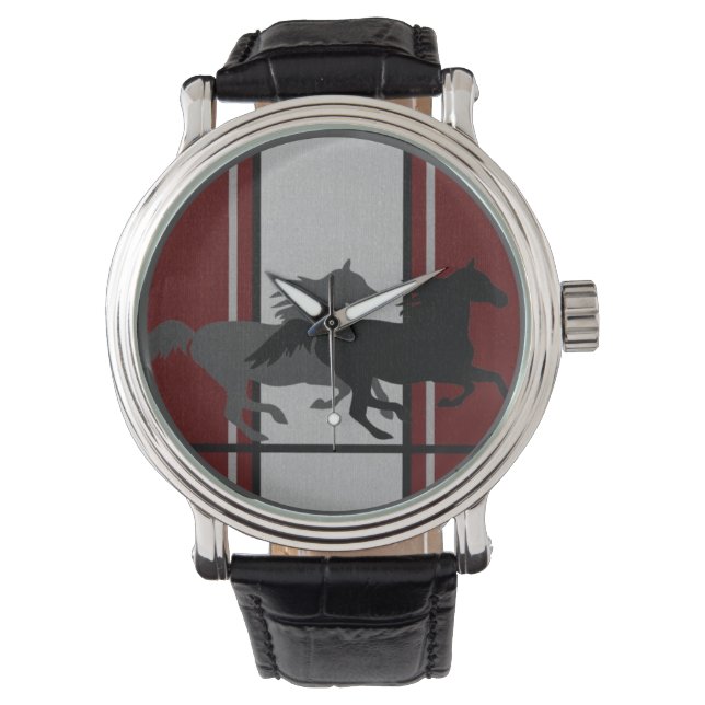 Montre Rouge profond avec deux mustangs avec des rayures  (devant)