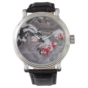 Montre Rowan arbre dans la neige peinture à l'encre d'aqu