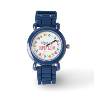Montre Royal Blue Floral I Love My Super Mom Wrist Watch