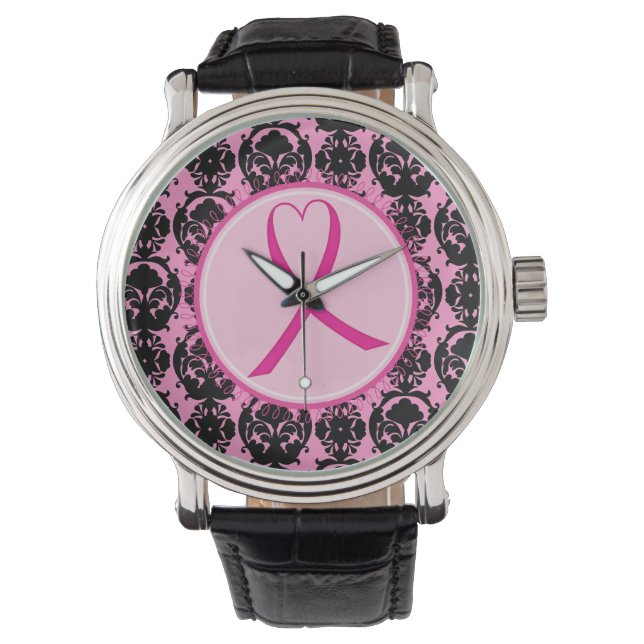 Montre Ruban rose Noir Damas Cerveau cancer du sein Sensi (devant)