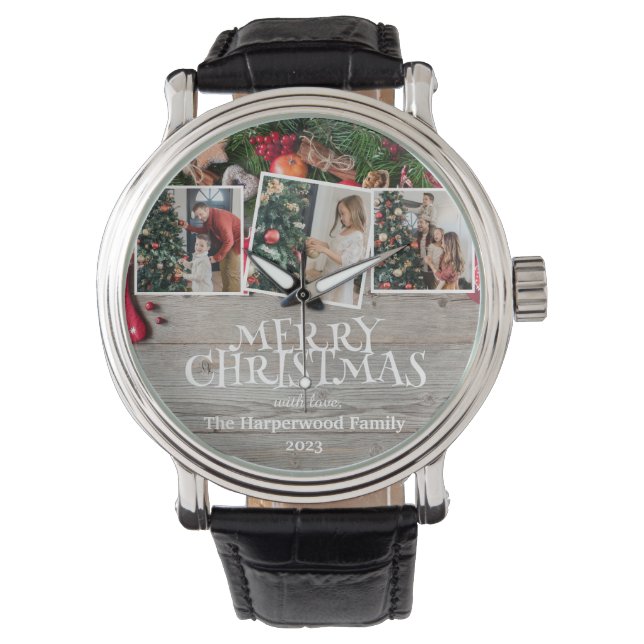 Montre Rustic Elegant Joy Christmas Family Photo Collage (devant)