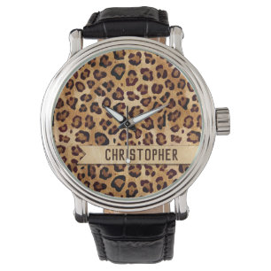 Montre Rustic Texture Empreinte de léopard Ajouter un nom