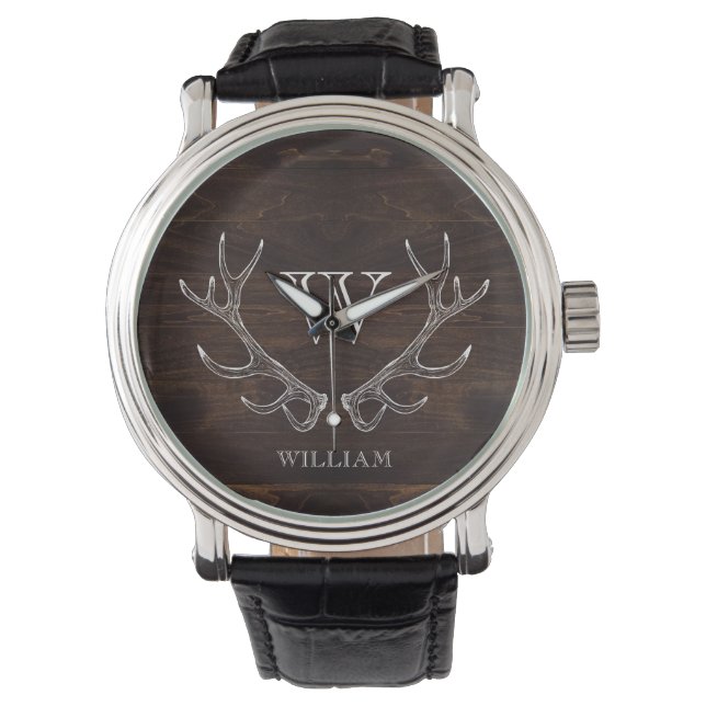 Montre Rustique Brown Antler Monogrammé Groomsman Cadeau (devant)