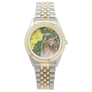Montre Sable Collie Chien Et Fleurs Jaunes Personnalisé