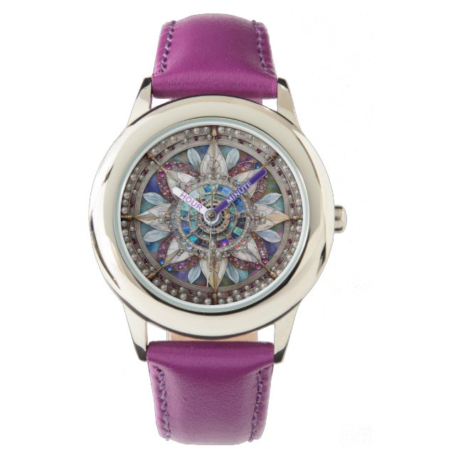 Montre Saphirs roses et bleus Diamants Perles Mandala (devant)
