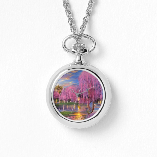 Montre Saule rose au coucher du soleil près de l'étang (Recto)