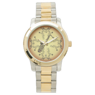 Montre Saxophone ~ Scroll musical ~ Arrière - plan d'or 
