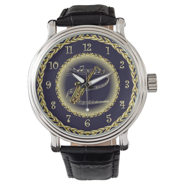Montre Saxophone ~ Scroll musical ~ Gold/Navy Blue ~ (devant)