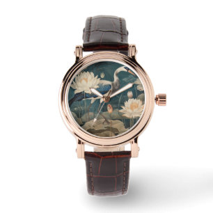 Montre Scène botanique vintage grue bleue et lotus