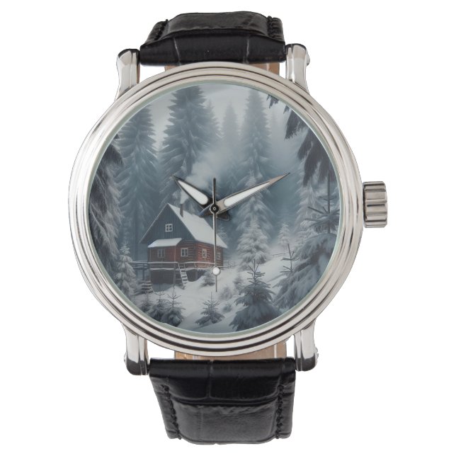 Montre Scène Cabine d'hiver avec neige et pins (devant)