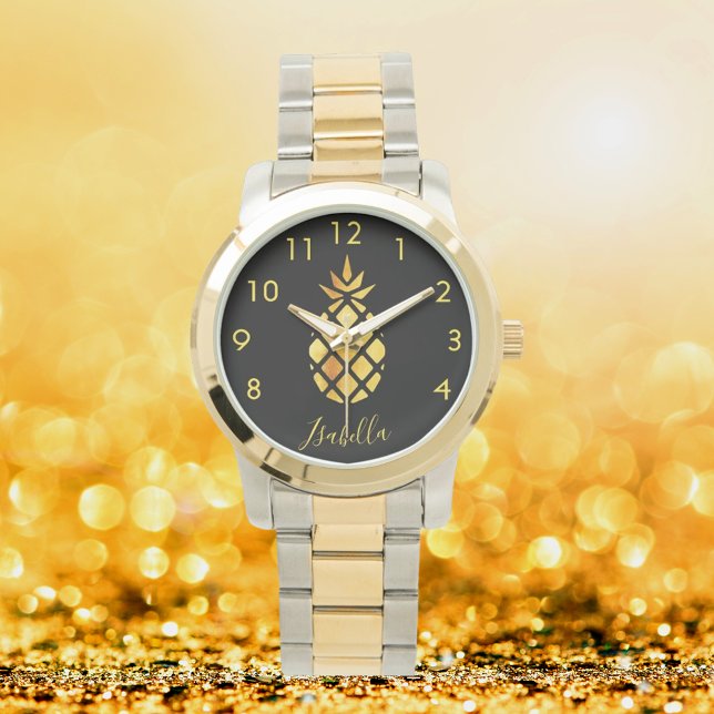 Montre Script de nom d'ananas en or noir élégant (Créateur téléchargé)