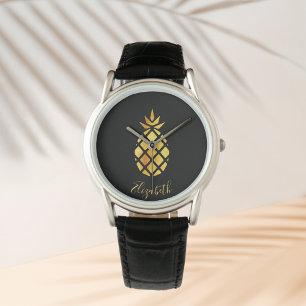 Montre Script de nom d'ananas en or noir élégant