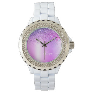 Montre Script girly pailleté monogramme violet