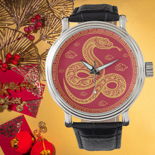 Montre Serpent chinois du Nouvel An rouge et or