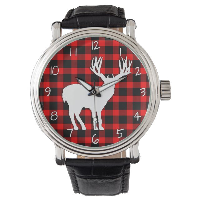 Montre Silhouette de cerf sur plaque rouge noire (devant)