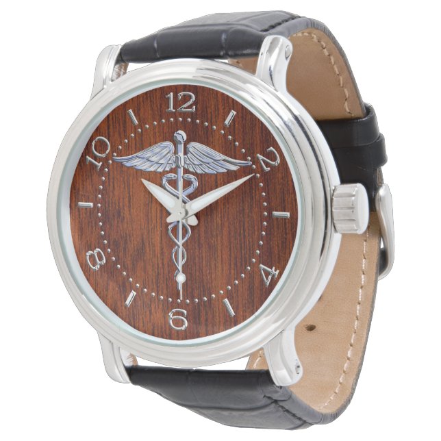 Montre Silver Like Caduceus Medical Symbole Mahogany Dial (Incliné)
