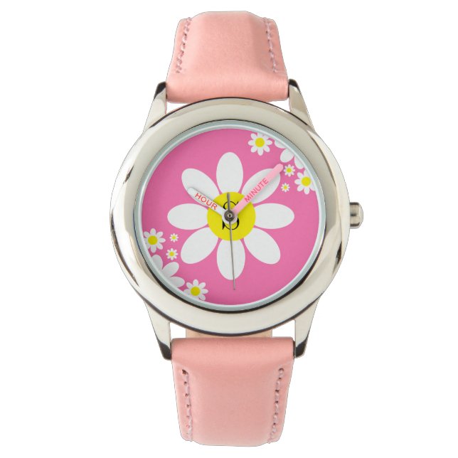 Montre Simple blanc et rose chaud conception marguerite i (devant)