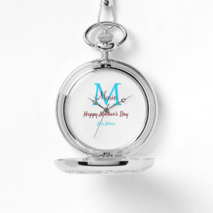 Montre simple minimum jour mère bleu monogramme rose nom