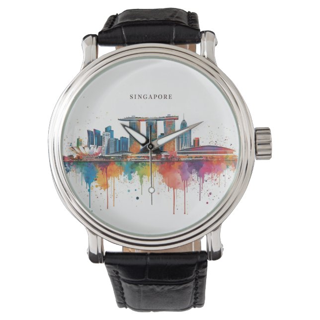 Montre Singapore city retro watercolor Skyline (devant)
