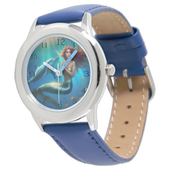 Montre Sirène Angélique Nageant Avec Dauphins, (Incliné)