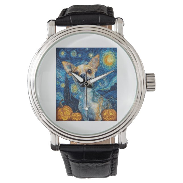 Montre smiling chihuahua dog starry night by Van Gogh fin (devant)