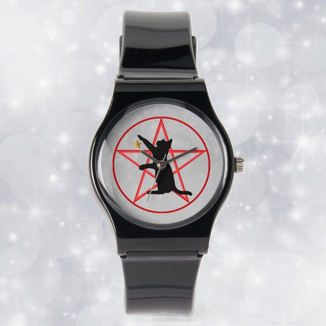 Montre Sorcière Chat Noir Reaching pour étoile Rouge sur  (Black Cat reaching for gold star on light grey with red pentagram and circle on black ladies watch.)