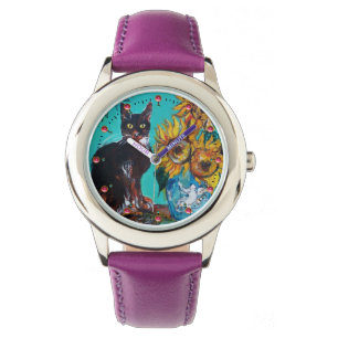 Montre SOUFFLE AVEC CHAT NOIR, Jaune, Bleu Turquoise