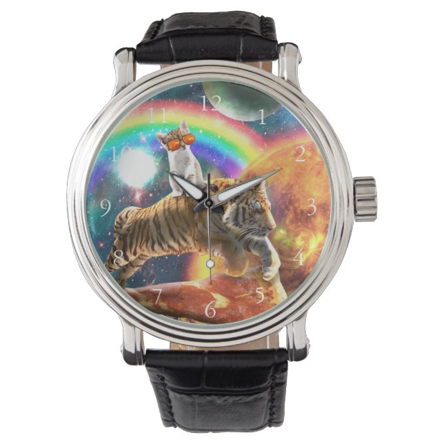 Montre Space Galaxy Cat Riding Tiger sur Pizza (devant)