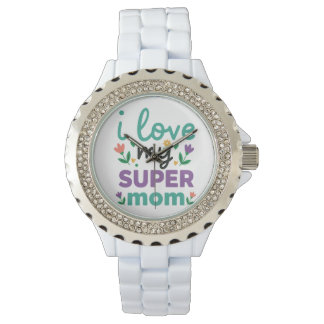 Montre Sparkling Diamond Bezel Super Mom White Link Watch