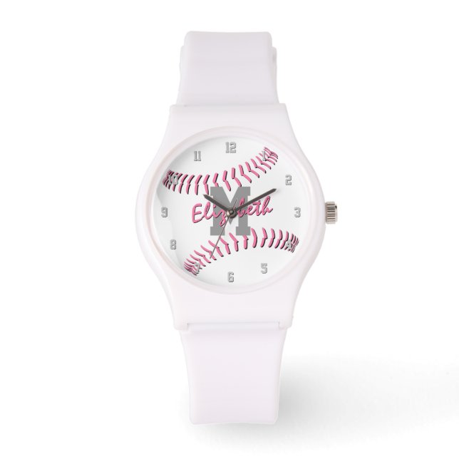 Montre sport minimal gris rose blanc monogramme softball (Recto)