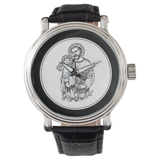 Montre St Joseph Priez pour nous Noir, Blanc, Catholique (devant)