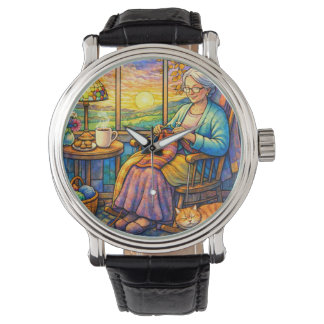 Montre Stained Glass Grandma Knitting, Cat & Cozy Home 