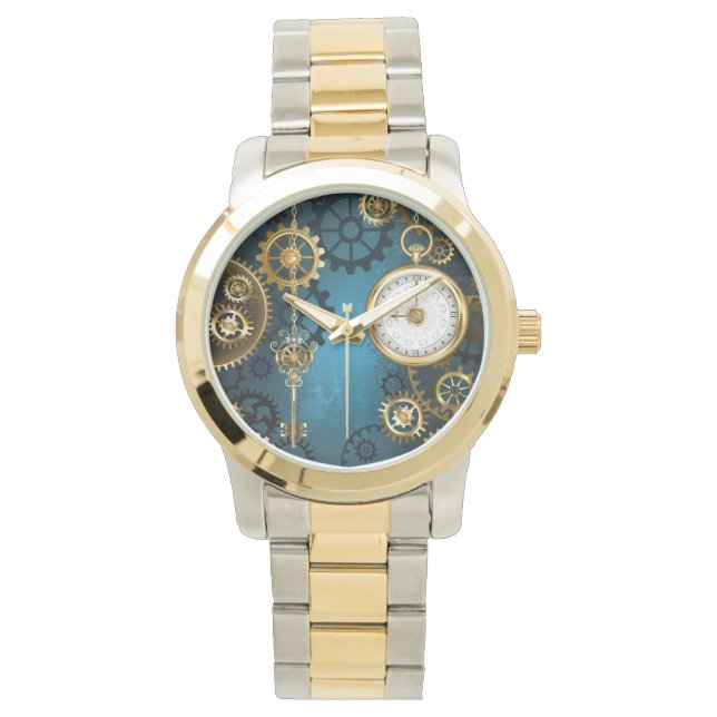 Montre Steampunk Arrière - plan turquoise avec Gears (devant)