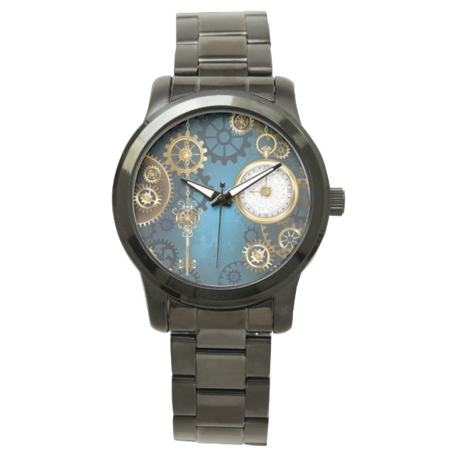 Montre Steampunk Arrière - plan turquoise avec Gears (devant)
