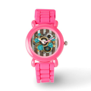 Montre Steampunk Clock and Turquoise Roses on Striped